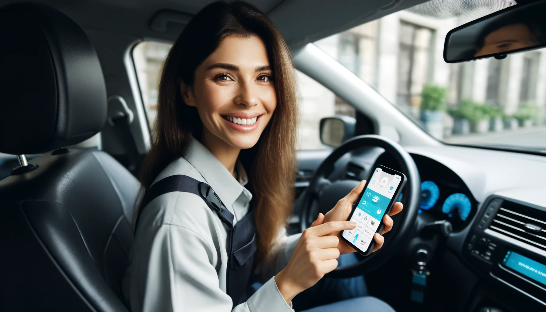 A happy female crowdsourced taxi driver looking at the camera with a smile while using a mobile app on her smartphone