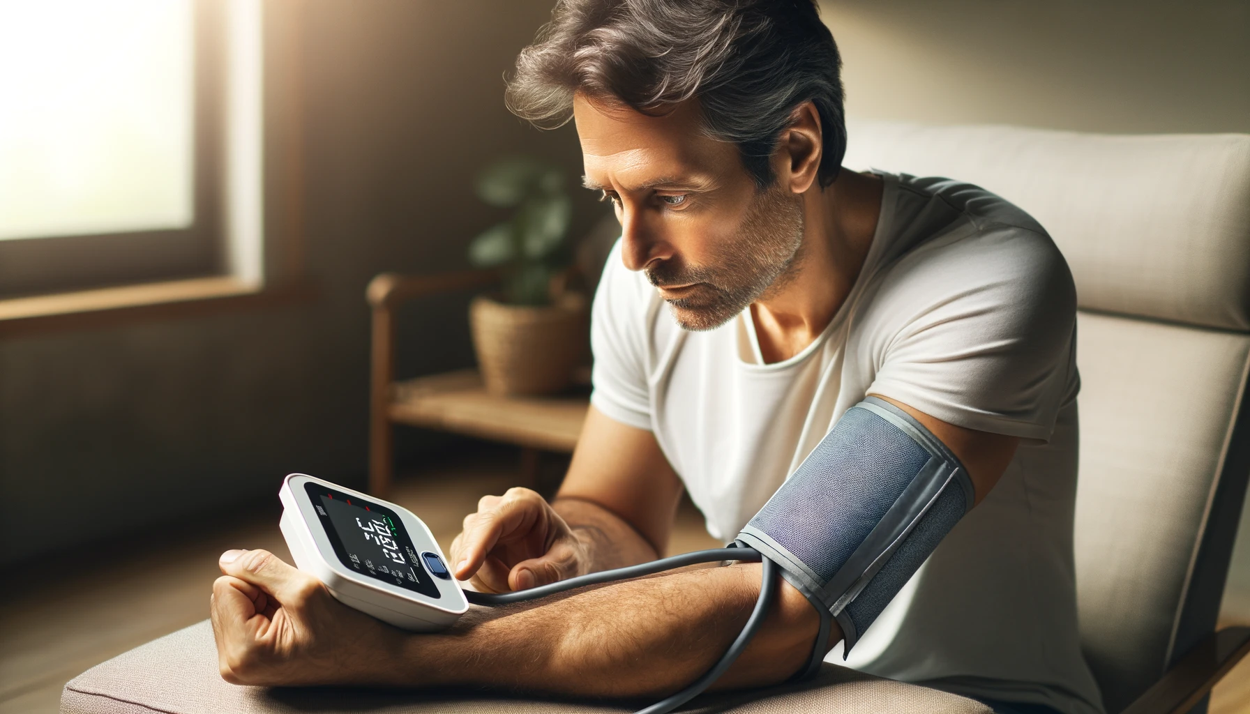 A man checking his blood pressure and heart rate using a digital pressure gauge