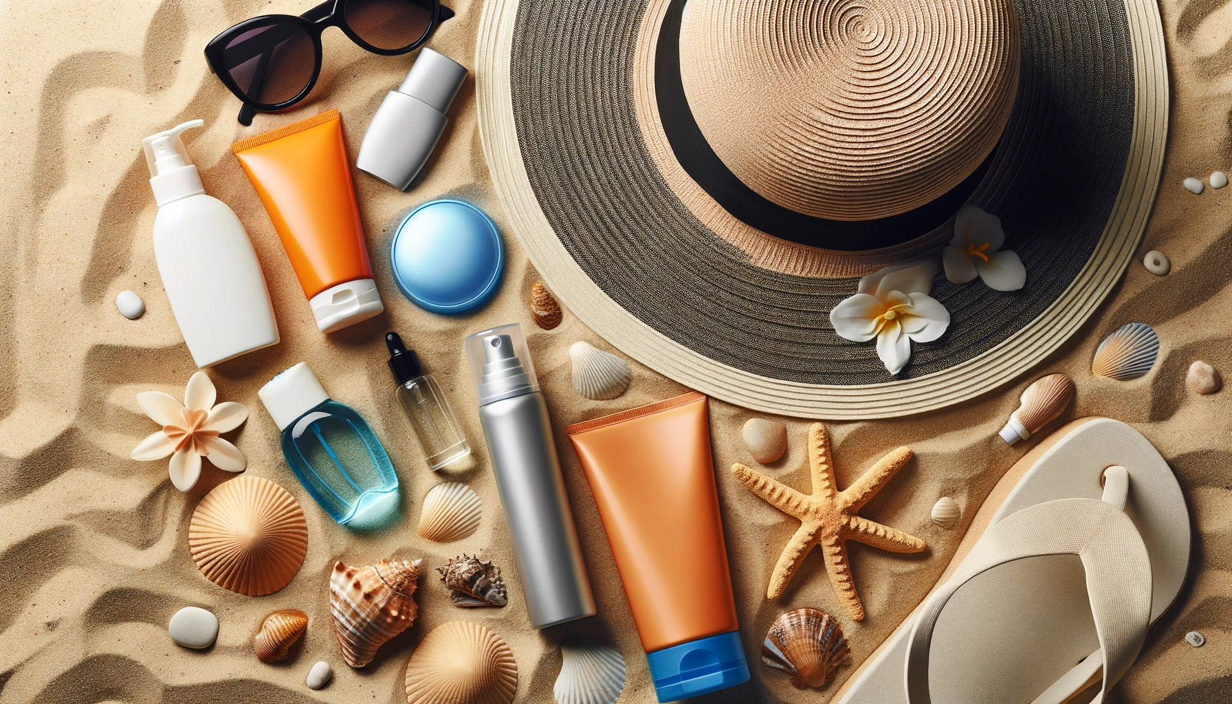 A top view image featuring essential beach items arranged neatly on a sandy background