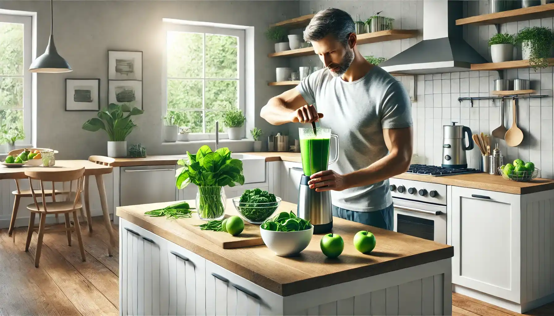 a person engaging in a green smoothie preparation in a bright, modern kitchen. The kitchen is spacious with contemporary appliances and a clean, organized layout