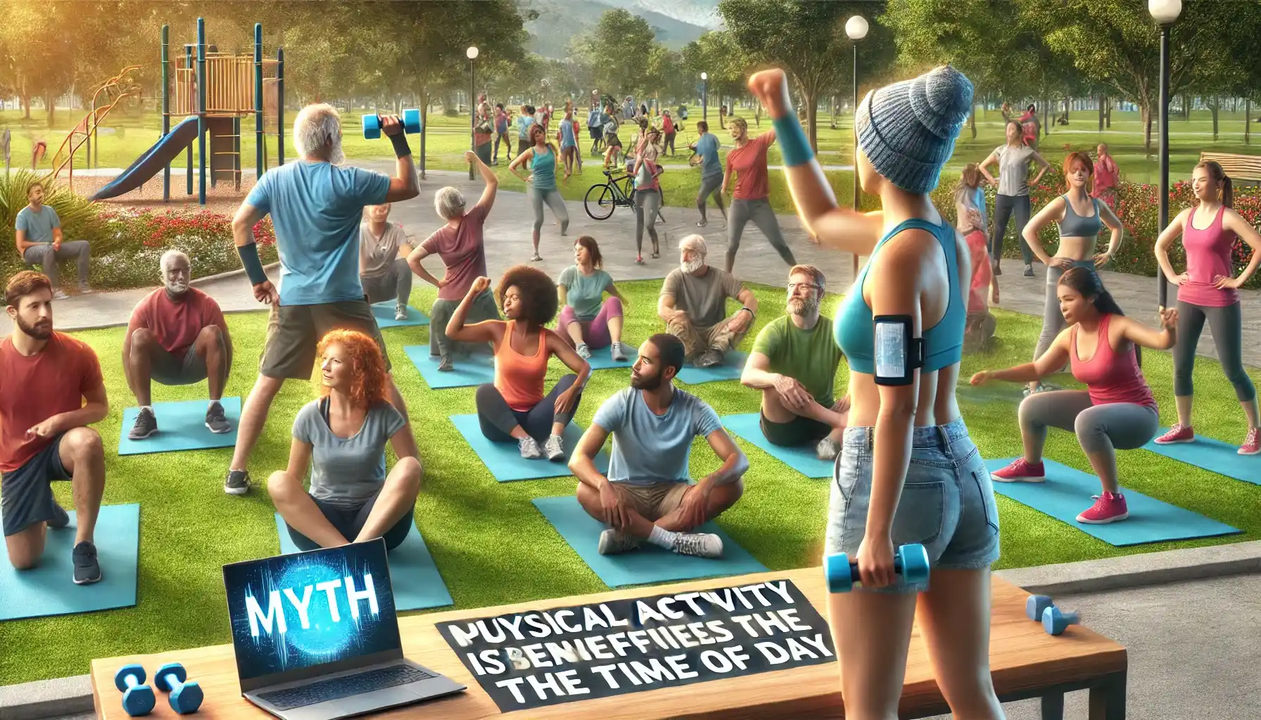 a diverse group of people engaging in a community fitness class outdoors in a park. The setting is vibrant and full of energy, with participants of various ages and ethnicities actively participating in exercises led by an enthusiastic instructor.