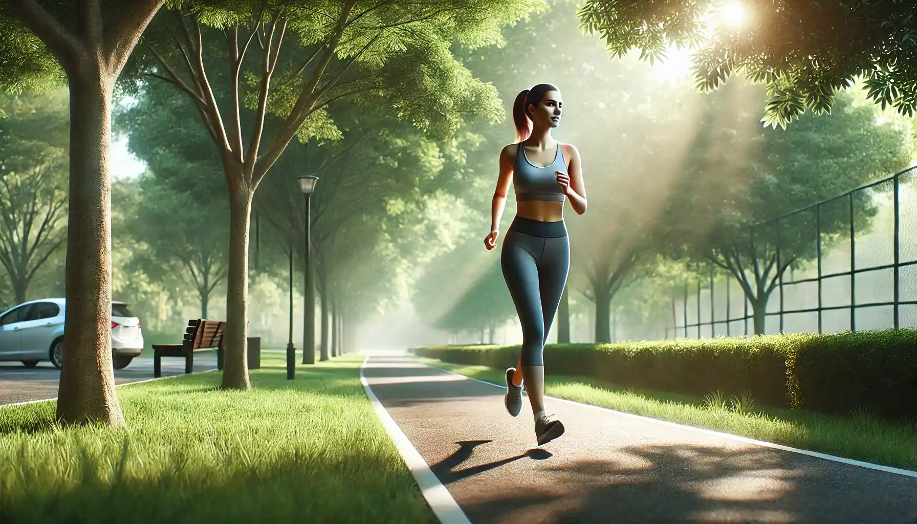 a health-conscious individual, a young woman in athletic wear, jogging in a serene park during the morning.