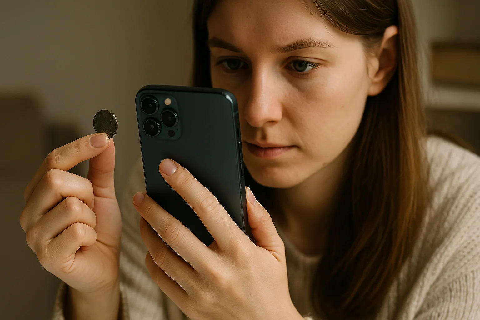 A coin collector photographs a coin with her smartphone to document it for her digital collection.